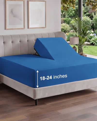 Image of Extra Deep Flex Top Split Head King Fitted Sheet - Hotel Luxury Single Fitted Sheet Only - Easily Fits 18 inch to 24 inch Mattress - Ultra Soft, Wrinkle Free w /Extra Deep Pockets - Royal Blue
