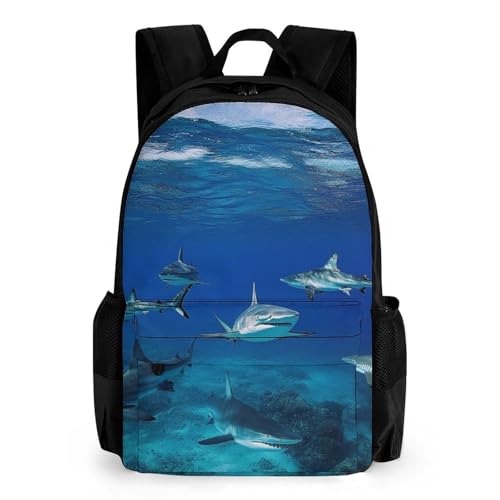 Blue Ocean Sea Shark Daypack Polyester Anti-Theft Multipurpose Bookbag Big Capacity Gym Outdoor Hiking Backpack With Adjustable Shoulder Straps