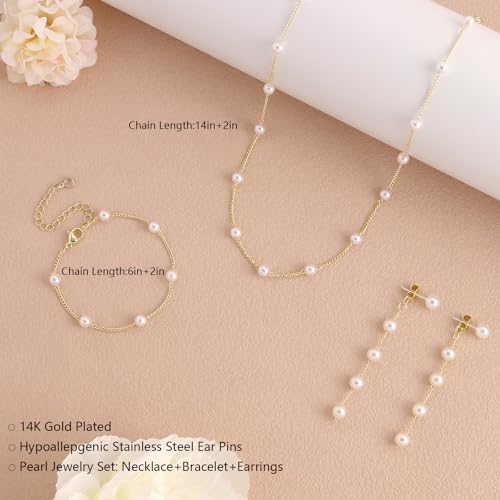 Gold Jewelry Set for Women, Dainty 14K Gold/Silver Plated Pearl Necklace and Earring Set with Drop Earrings, Bracelets, Choker Necklace - Wedding Jewelry Gift4