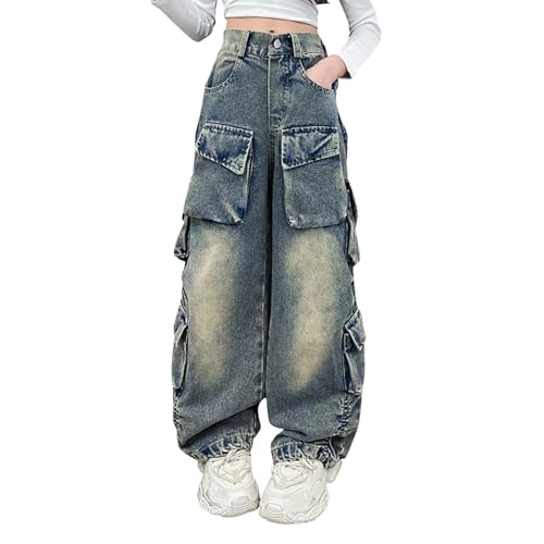 Little Girls Streetwear Denim Cargo Pants High Waist Floor Length Baggy Wide Leg Jeans with Multi Pockets