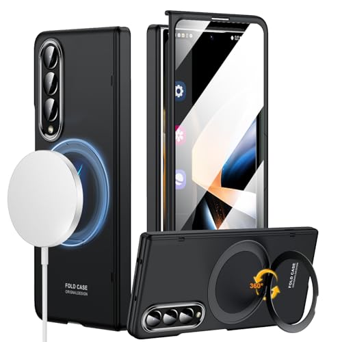 zifiuzem for Samsung Galaxy Z Fold 4 Case with MagSafe, Built-in 360° Magnetic Rotatable Ring Stand, Screen Protector & Hinge Protection, Full Body Slim & Light Magnetic Stand Phone Case 5G, Black