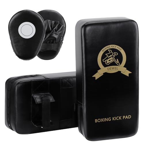 DEWEL Bouclier de Frappe en Cuir PU et 1 Paire de Pattes d'ours Boxe en Cuir pour MMA Entraînement, Arts Martiaux, Taekwondo, Sports de Combat - Noir
