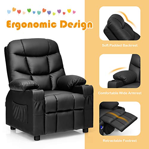 Image of Kids Recliner, PU Leather Kids Recliner Chair w / 2 Cup Holders