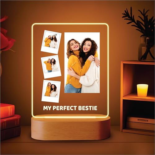 Image of Giftplease Personalised Photo Acrylic Frame with Wooden LED Base - Custom Picture Desk Display for Sister, Unique Raksha Bandhan Gift from Brother, Birthday, Anniversary & Keepsake Decor