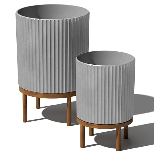 Image of Veradek Demi Series Raised Duo Planters - Set of 2 Planters with Stands | Made From a Durable Plastic-Stone Composite & Comes With Wooden Stand. Modern Porch /Patio Decor