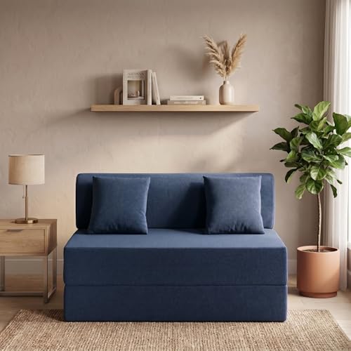 Image of Foldable Three Seater Sofa Bed 5 X 6 Ft Jute Fabric Washable Cover Sofa Cum Bed with Cushions Convertible Sofa Bed for Home, Office (Blue Color - Pre-Assembled)