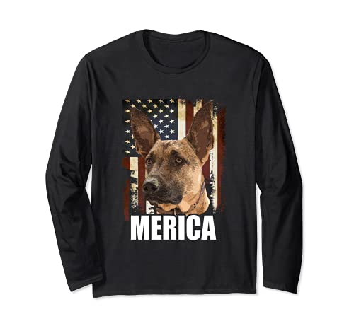 Maligator Belgian Malinois Dog USA America Flag Patriotic Long Sleeve T-Shirt, Black