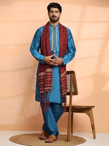 SKAVIJ Men's Art Silk Ethnic Kurta Pajama and Scarf Suit Festivals Season Party Dress Set4