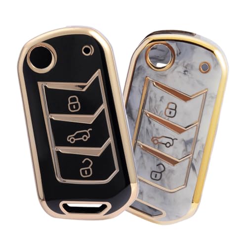 Image of keyzone TPU Key Cover combo compatible for: Mahindra Thar, Bolero, Scorpio, XUV700, XUV400, XUV300, TUV300, Marazzo 3 button flip key (Gold TPU + Marble TPU)