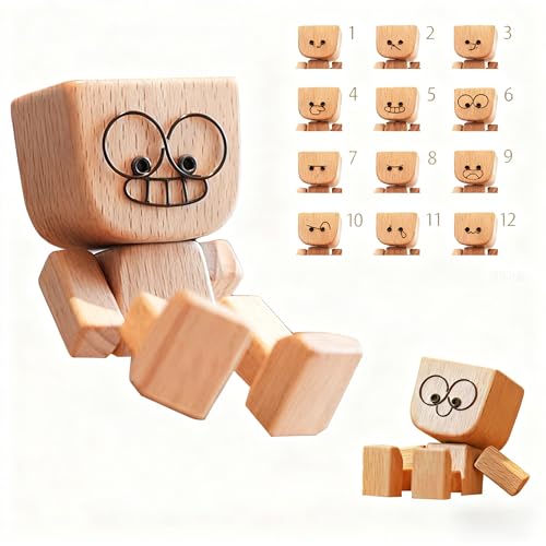 SnapMorph Shaking Wooden Man Figurine with 12 Magnetic Changeable Faces - Handmade Shaking Feet Wooden Doll Fun Car Decor for Dashboard and Interior Car Dashboard Decorations