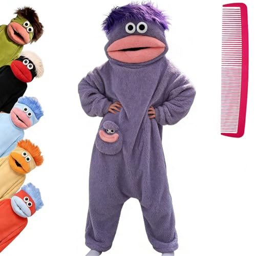 Brrioe Funny Big Mouth Monster Onesie Pajamas with Large Comb – Oversized Plush Fleece Hooded One Piece for Sleep & Party (US, Alpha, X-Large, Regular, Regular, Purple)