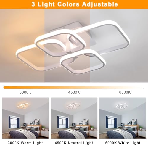 Image of Desidiya 36w Dimmable Modern Chandelier Lights for Ceiling, 3-Colour Round Led Ceiling Lights for Living Room with Remote Control, Flush Mount Fancy Lighting Fixture with 4 White Square (3000-6000k)