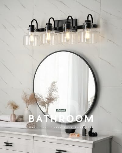 Image of Bathroom Light Fixtures, 4-Light Matte Black Vanity Lights with Clear Glass Shade, 28 Inch Vintage Vanity Lighting Fixtures Over Mirror, VL124-MB-4