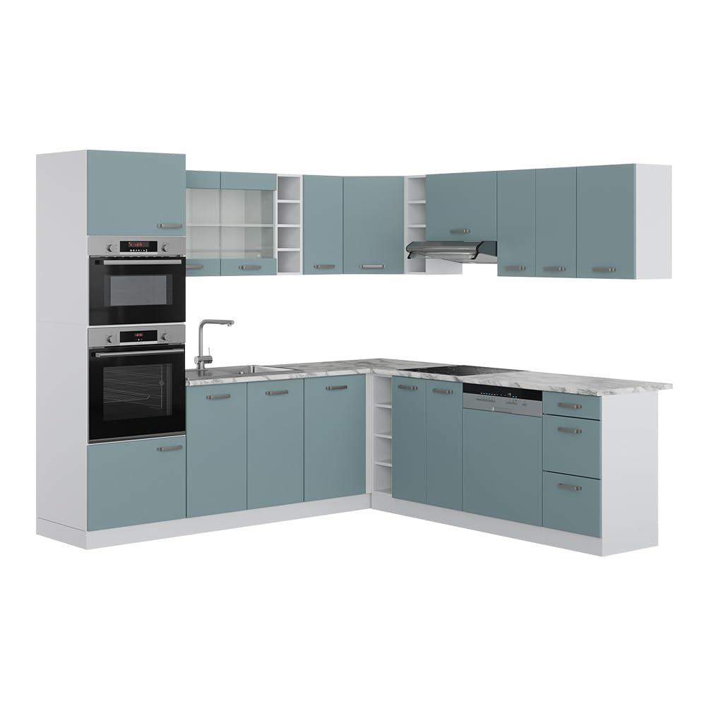 Vicco Cuisine en Angle R-Line, Bleu-Gris/Blanc, 247 x 237 cm sans PT, pour Une Disposition Flexible et Une Extension modulaire