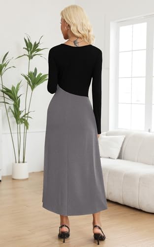 SAUKOLE Womens Maxi Dresses Casual Long Sleeve V Neck Empire Waist Dress Trendy Fall T Shirts Long Dress4