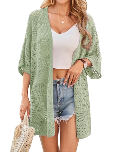 GRACE KARIN Damen Hohle Strickjacke Lässige Fledermaus Kurzarm Cardigan Lockere Lange Sommer Kimono Urlaub Strand Cover Up Graugrün M
