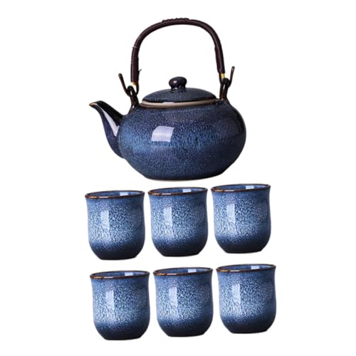 Beaupretty 窯変大容量提梁壺茶具 耐熱セラミック製 茶壺とカップ客付き 持ち