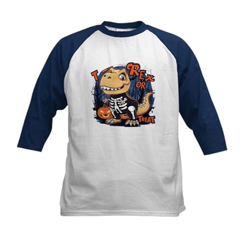 CafePress T Rex Or Treat Kids Baseball T Shirt Kids Cotton Baseball Jersey, 3/4 Raglan Sleeve Shirt Navy/White