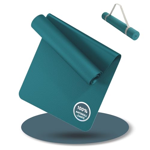 LILENO SPORTS Colchoneta de Yoga Turquesa (180x60cm) con Correa de Transporte   Colchoneta Deportiva y de Yoga Extra Antideslizante de 4 mm de Grosor   Colchoneta de Gimnasia y Fitness