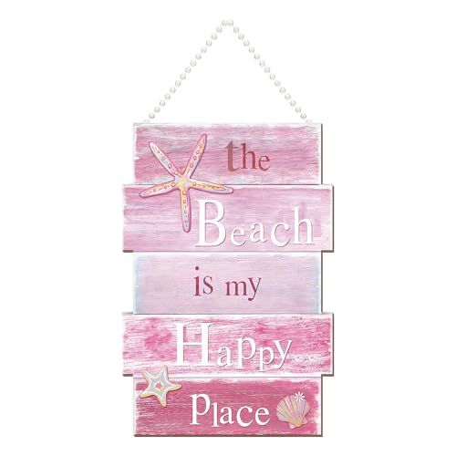Vicenpal Pink Beach Wall Decor Coquette Coastal Wall Art Wooden Hanging Sign with Pearl Chain, the Beach Is My Happy Place Themed Pink Ocean Decor for Bathroom Bedroom, 11' x 16.5'