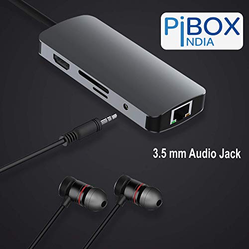 Image of PiBOX India, USB C Hub Dock- 9 in 1 Aluminum Type C Adapter with 4K HDMI, Ethernet 1000mbps RJ45, 3 USB 3.0, USB-C Power Delivery, 3.5mm Audio only, TF /SD Card Reader, MacBook / /Samsung USB C Devices