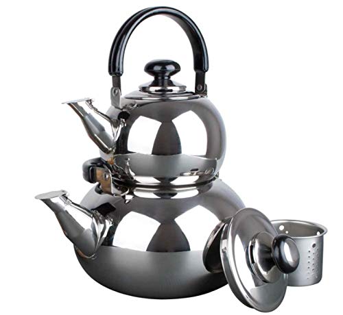 Double Tea Kettle Stainless Steel Teapot 2-Pc Set 3-Ltr + .8-Ltr Pot Samovar Turkish Style