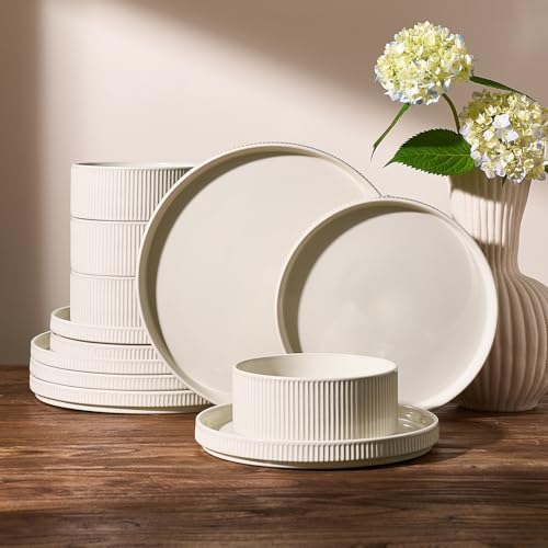 Image of Famiware Ceramic Plates and Bowls Set, Dinnerware Sets, Ribbed Dishes for 4 | 12-Piece Stoneware Dishware, Lipped Edges, Chip & Scratch Resistant, Microwave & Dishwasher Safe, Everyday Use, Oat White
