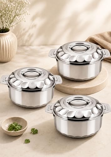 Image of Premium Stainless Steel Hot Pot Set of 3 with Lid Handle | Insulated Casserole Set for Roti, Rice, Curry & Biryani | 1L + 1.5L + 2.5L