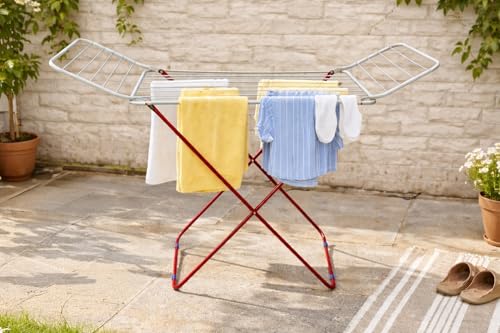 Image of Foldable Clothes Drying Stand | Multi-Rail Folding Laundry Dryer | Lightweight Alloy Steel | Flat-Fold Design | Indoor & Outdoor Use | 1.8 Meter (Red White)