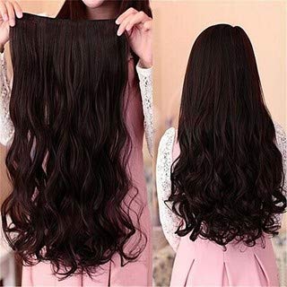 Kabello Hair Extensions, Synthetic Fibre Curly Hair Extension (Dark Brown) With 1 Rose Clip For Women, Pack Of 1