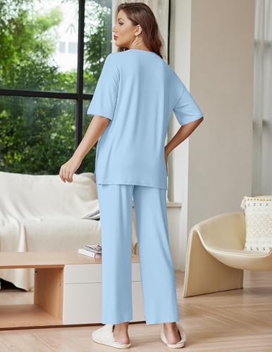 Image of Ekouaer Lounge Sets for Women Short Sleeve Tops and Long Pants Soft Comfy Pajamas Set 2 Piece Outfits