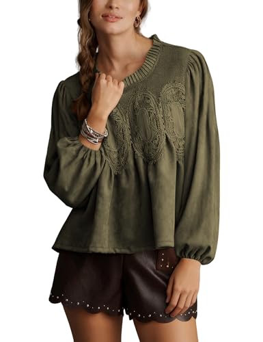 Amazon.com: Lentta Women's Lace-Detail Suede Flared Blouse Long