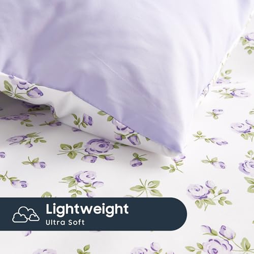 Image of Wake In Cloud - Floral Comforter Set, Coquette Cottagecore Aesthetic Flower Shabby Chic Pattern for Women Teen Girls, Soft Lightweight Bedding, 3 Pieces, White Purple, Queen Size