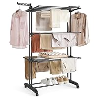 SONGMICS Wäscheständer, Standtrockner 4 Ebenen, Flügelwäscheständer, klappbare Flügel, mit Rollen, 63,5 x 128 x 173 cm, groß, einfacher Aufbau, tintenschwarz LLR701B01