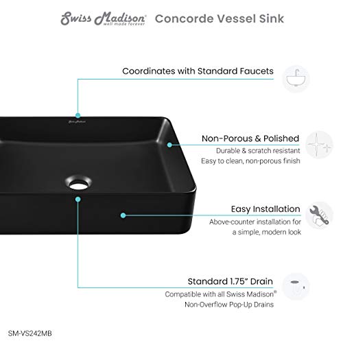 Swiss Madison Well Made Forever Sm-Vs242Mb, Concorde Rectangle Ceramic Vessel Sink, Matte Black #TOP6