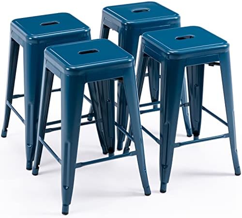 Vogue Furniture Direct 24" Barstools Backless Metal Barstool Indoor-Oudoor Counter Height Stool with Square Seat (4, Deep Blue)