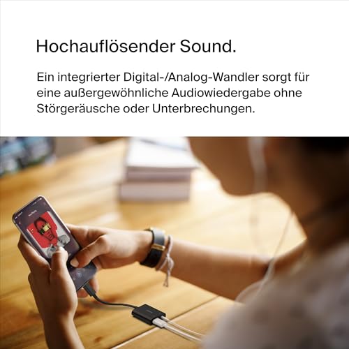 Belkin RockStar™ 3,5-mm-Audio- + USB-C®-Ladeadapter, Kopfhörer-Adapter, Schnellladen mit USB-C Power Delivery, 60 W, u. a. für iPhone 17,16,15, iPad Pro, Galaxy, Note, Google Pixel, LG, Schwarz