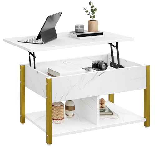 YITAHOME Couchtisch mit Anhebbarer Platte, Leicht Anzuheben, 2-Stufiger Stauraum, Höhenverstellbarer Couchtisch mit Verstecktem Staufach und Ablagefläche für Wohnzimmer, Büro, Weißer Marmor