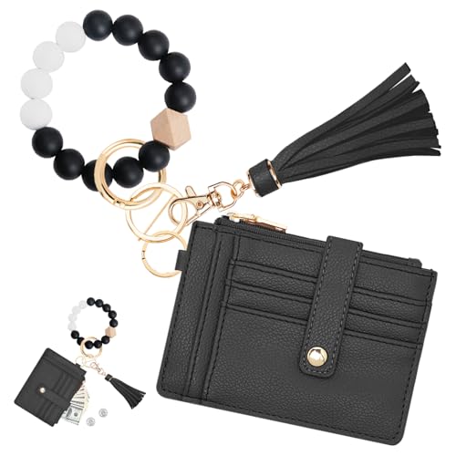 Image of KNGITRYI Wristlet Wallet for Women,RFID Keychain Wallet with Beaded Strap | 8 Card Slots,ID Window,Zipper Pocket,Leather Tassel,Compact Design