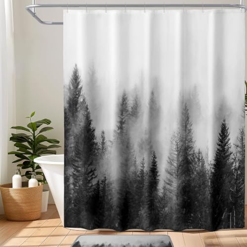 ORTIGIA Black and White Misty Forest Shower Curtain for Bathroom, Nature Woodland Curtain Set with Hooks, Decorative Pine Tree Fog Magic Bath Decor for Home Weighted, 72x72