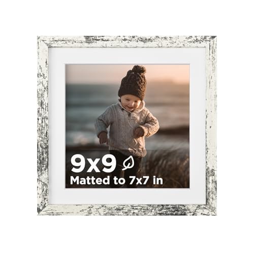 KINLINK 9x9 Picture Frame Rustic White, Wooden Square Photo Frame Matted 7x7 with Plexiglass for 7x7 with Mat or 9x9 without Mat for Table and Wall Display