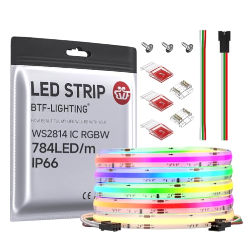 Image of BTF-LIGHTING FCOB IP66 COB LED Strip WS2814 IC RGBW 3000K 16.4FT 784LED /m DC24V Flexible High Density Color Chasing Light 10mm Width for Indoor Decor(No Adapter or Controller)