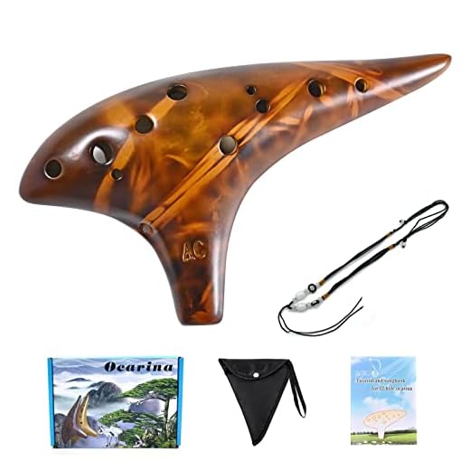 Ocarina - Ocarinas de cerámica con 12 agujeros para llaves altas en C con bolsa para el cuello de canciones, regalo de instrumento musical para adultos (amarillo)