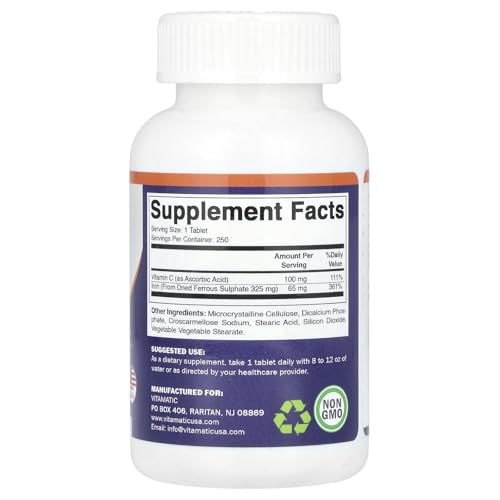 Image of Vitamatic Ferrous Sulfate 325 mg with Vitamin C 100 mg (65 mg Elemental Iron) Coated Tablets - High Potency Iron Supplement - No Artificial Colors - Made in USA