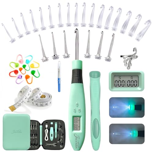 Jeciran 24 in 1 Light Up Crochet Hook Set,Lighted Crochet Hooks with Counter,Counting Crochet Hook for Stitch & Row Counter Micro Crochet Gifts with Case