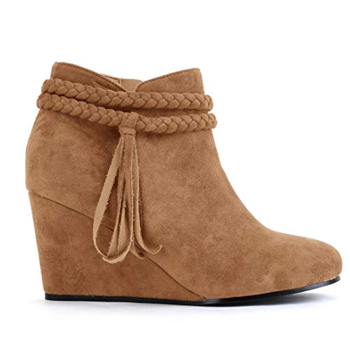 Fashare Womens Wedge Ankle Boots Braided Fringe Strap Western Heeled Winter Booties Shoes