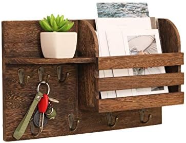 YCOCO Key Holder for Wall Wooden Key Rack Organizer and Mail Holder,Rustic Entryway Home Decor with 7 Key Hooks for Letter Holder,Dog Leashes,Coats,Brown