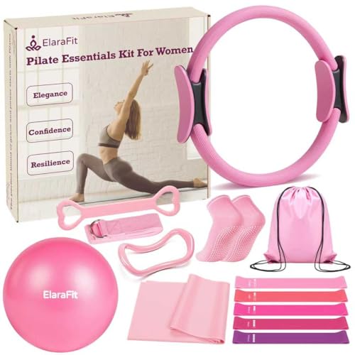 ElaraFit Home Pilates Kit for Women Pink Pilates Equipment Ring and Ball Set Magic Circle Hoop with 5 Resistance Bands Compact Toning Fitness Essentials Starter Set Accessories