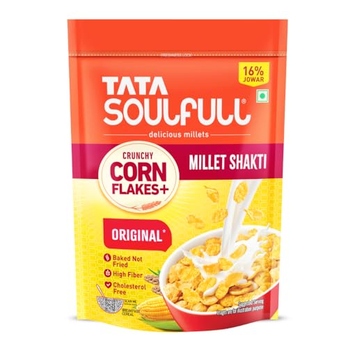 Image of Tata Soulfull Corn Flakes+, Original*, Crunchy Corn & Millets, Baked Not Fried, Cholesterol Free, High Fiber, Wholesome Breakfast Cereal, Quick & Easy, 475g