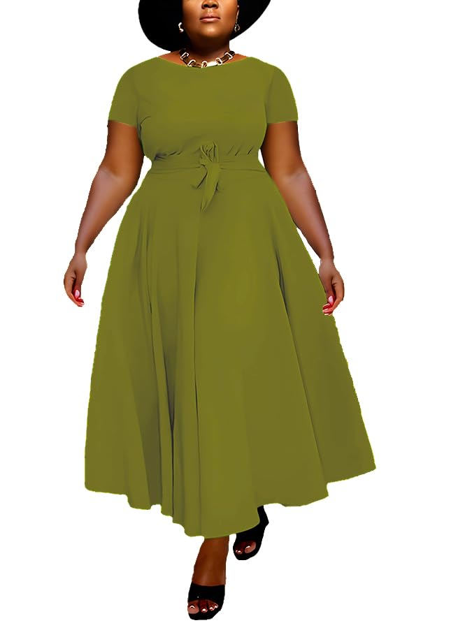Image of Hostoyo Women Plus Size Formal A Line Maxi Dress Self Tie Waist with Pockets Elegant Round Neck Swing Long Dresses